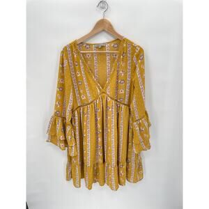 Wishlist Apparel Mustard V-Neck Bell Sleeve Boho Tiered Dress // L